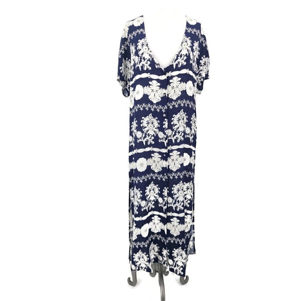 New Flynn Skye Hunter Midi Dress Womens S Blue White Rayon Short Sleeve Slits